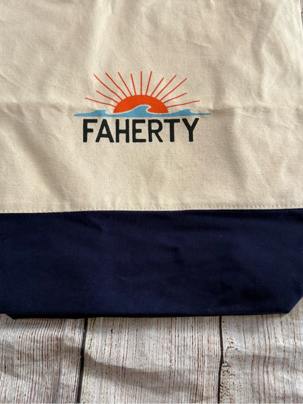 Faherty canvas reusable tote beige navy logo graphic 15.5 in x 14.5 in